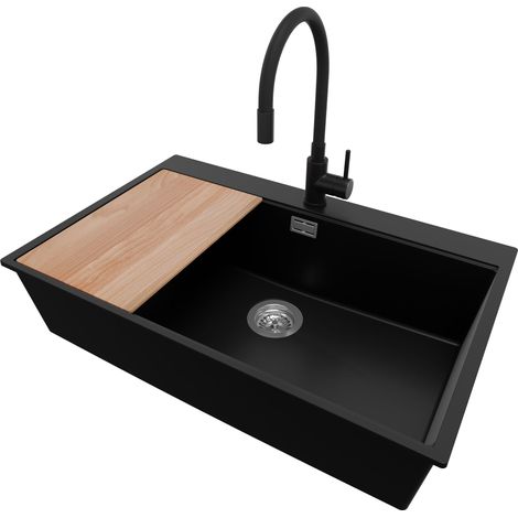 PRIMAGRAN Evier Cuisine en Granit 78x50cm,Lavabo 1 bac + Robinet 40x38cm + Kit de Vidage + Planche à Découper, Évier à Encastrer au meuble 80cm - Oslo, Noir (1/5)
