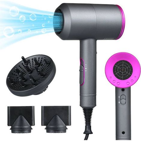 Sèche-cheveux ionique, équipé de 3 embouts, d'un diffuseur, de 3 réglages de température et de 2 vitesses de ventilation, sèche-cheveux à air chaud et froid, outil de coiffure portable. (1/5)