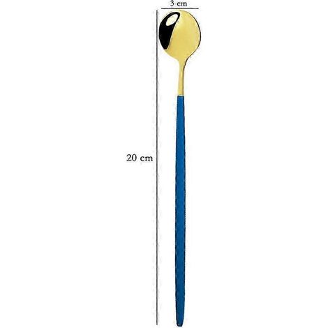 Ensemble de 4 cuillères à thé, à dessert et à glace en acier inoxydable à long manche (20 cm), colorées, pour la vaisselle et la cuisine. Couleurs : bleu et or. (1/5)