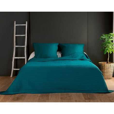 Jeté de lit bleu canard capitonné style boutis - 180x240cm - Bleu canard (1/2)