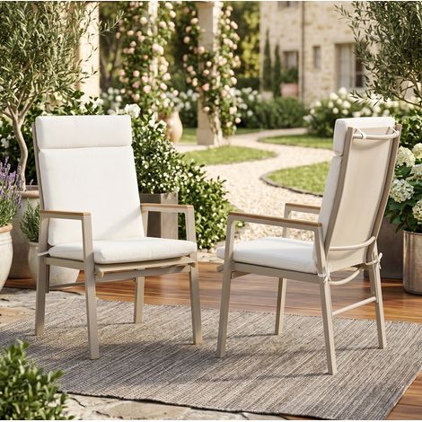 Set di 2 sedie da pranzo da esterno, con braccioli in legno plastico, seduta in textilene, beige (1/5)