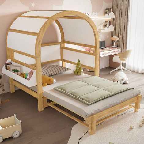 Kinderbett 140x200 ausziehbar mit Schiebebett und Ablagefläche, Hausbett in Dachform aus Kiefer und MDF, Tagesbett in Weiß und Natur (1/5)