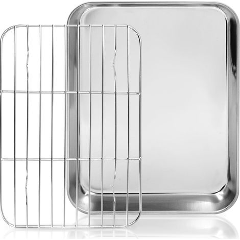 Plaque de cuisson rectangulaire en acier inoxydable avec grille de refroidissement, 23,5 x 17,5 x 2,5 cm, résistante à la rouille et au lave-vaisselle, pour cuire, rôtir et servir (1/5)