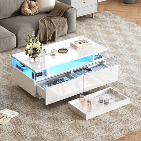 Couchtisch aus Spanplatte in Weiß Hochglanz 90 cm mit 2 Schubladen, Tablett und LED-Licht (1/5)