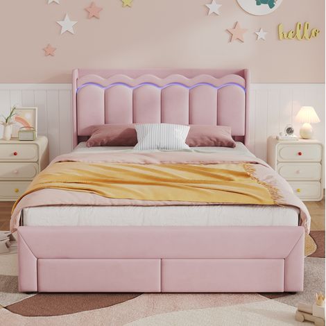 Letto per bambini 140x200 cm in velluto rosa con LED e 2 cassetti - MEUBLIV (1/5)