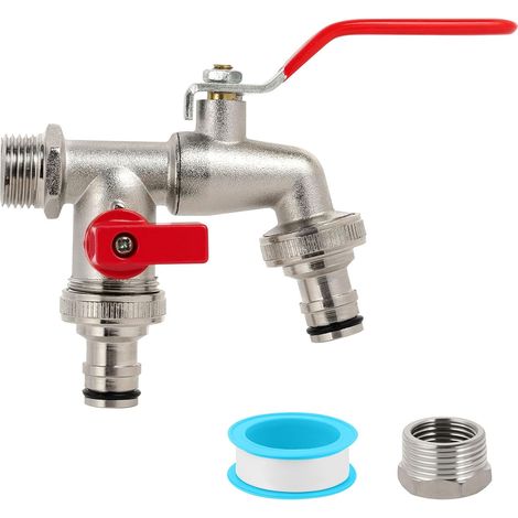Double Robinet Exterieur Jardin, Robinet de Jardin 1/2'' Antirouille, Robinet Extérieur Antigel avec 3/4'' Adaptateur, Robinet d'arrêt Anti-goutte, pour jardin, Machine à Laver (1/5)