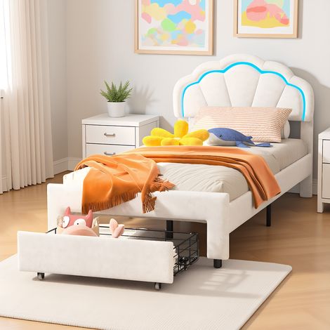 Lit Enfant 90x200 avec Tiroir de Rangement, Lit Fille Rembourré avec LED, Tête de Lits Réglable en Hauteur en Forme de Pétale, Pour Fille Ado, Velours