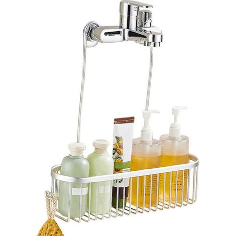 Panier de douche suspendu avec crochets et étagère de rangement, sans perçage, pour robinetterie ou barre transversale, couleur argent. (1/5)