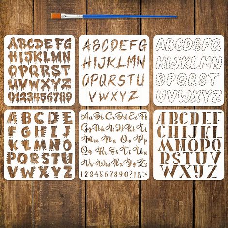 6 Pcs Pochoirs de Motifs de Lettres avec un Pinceau 30x30cm Pochoirs de Peinture Lettres Graffiti Broderie avec Points Pochoir PET Thèmes Texte Gabarit pour Bois Sol Carrelage Mur DIY (1/2)