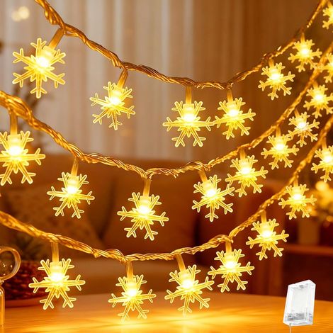 Lumières de Noël Interieur Exterieur, 6M 40 LEDs Guirlande Lumineuse Flocon de Neige, 2 Modes D'éclairage, Lumineuses avec Piles pour Arbre de Noël Décoration/Jardin /Fête/Terrasse -Blanc Chaud (1/5)