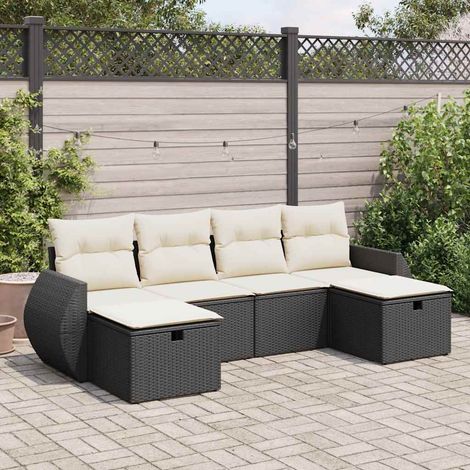 Ensemble Salon Jardin 6 Places Noir Résine Tressée avec Coussins Crème - Canapé, Pouf et Sièges Modulables (1/5)