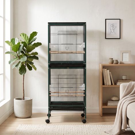 Grande Cage à Oiseaux sur pied double avec mangeoires perchoirs plateau amovible roulettes - Dim. 51,5L x 50l x 140H cm