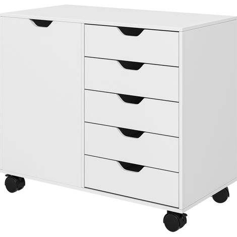 Meuble rangement bureau 5 tiroirs 1 porte étagère réglable support imprimante roulettes 78x40x66,5 cm blanc