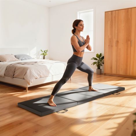 Tapis de gymnastique yoga pilates fitness pliable en 3 panneaux avec poignées revêtement synthétique 180 x 60 x 5cm gris (1/5)