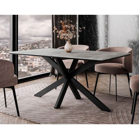 Tom - table à manger - plateau effet béton - pieds en métal - 4 à 6 personnes - gris / noir (1/5)