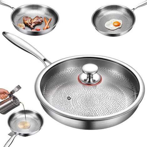 KLVGTIFS PUPoêle Martelée en Titane avec Couvercle 30cm Poêle Antiadhésive Résistante Aux Rayures pour La Cuisine Ultra-durable Non Revêtue,