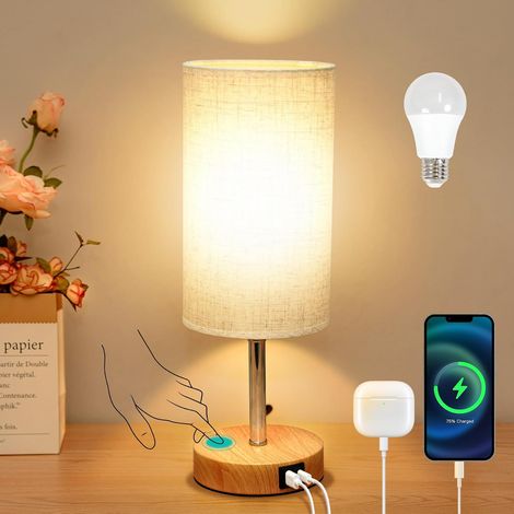 Görvitor Touch Dimmable Bedside Lamp, Table Lamp with USB-A/C Charging Ports, Linen Shade and 3 Brightness Levels, Bedside Lamp with Cable for Bedroom (1/5)