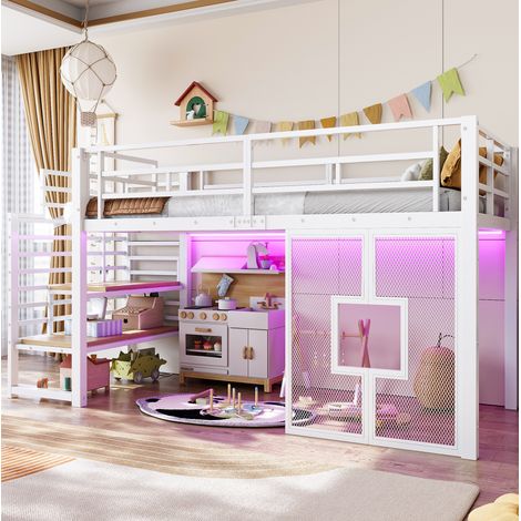 Cama alta metálica de 90x200 cm con escalera, espacio de almacenaje, iluminación LED y ventanas, blanca (1/5)