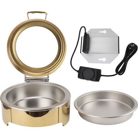 Assiette chauffante électrique 6L en acier inoxydable doré, couvercle transparent, chauffage rond pour buffet hôtel restaurant, prise UE 220‑240V (1/5)