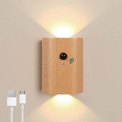 [JAMAIS UTILISÉ]Applique murale Interieur avec Détecteur de Mouvement, LED Lampe Murale sans fil Rechargeable USB Applique Murale Bois, Sans perçage, Pour Chambre Chevet Couloir Salon [Classe énergéti