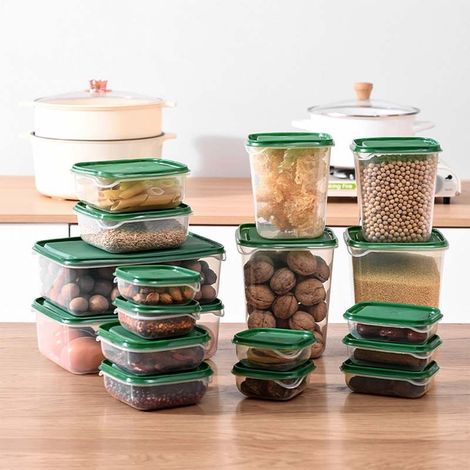 Lot de 17 bocaux de conservation hermétiques verts – Pour céréales, farine, sucre, riz, micro-ondables (1/2)