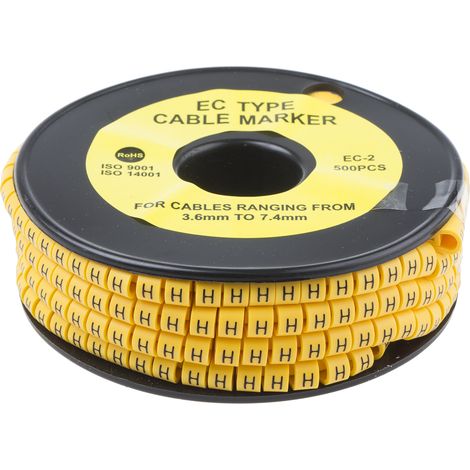 Repère câble , Ø câble 3.6  7.4mm, texte : H, Noir sur Jaune ( Prix pour Bobine de 500 )