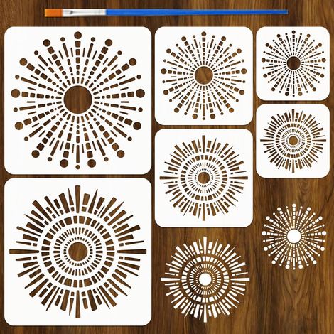 6 Pièces Pochoirs Soleil avec un Pinceau 3 Tailles Pochoirs Peinture Motifs Solaires Radiants 2 Styles Pochoir Rayonnement Solaire Gabarits PET Réutilisables pour Mur Sol Surfaces Bois (1/5)