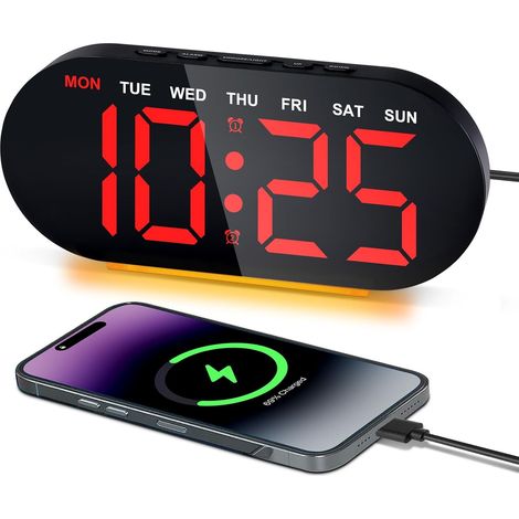 Réveil numérique avec veilleuse variateur 3 niveaux fonction snooze rechargeable par USB date température double alarme 7 pouces Rouge (1/5)