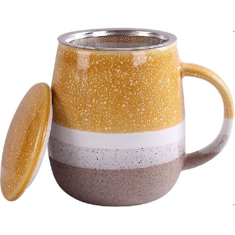 Tasse céramique 350 ml jaune avec filtre et couvercle, grand bol ventral (1/2)