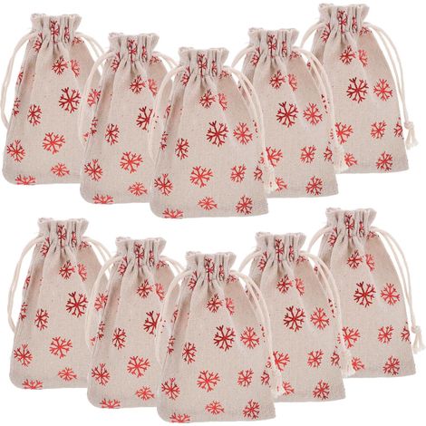 Leinenbeutel, 10er-Set, Jutebeutel mit Kordelzug, Sternenmuster, Weihnachtsgeschenktüten, Jutesäcke, Stoffbeutel, Hängegeschenktüten, Schneeflockenmuster, rot, 15 × 20 cm