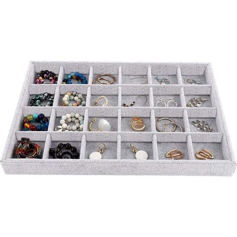 Plateaux à bijoux empilables en velours faits à la main Anneaux Boucles d'oreilles Organisateur de bracelet Plateau de rangement (24 grilles) (1/5)