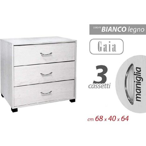 Kaela - Mobile Cassettiera Comodino Comò Gaia 3 Cassetti Bianco Legno 68x40x64cm 768675 - (1/2)