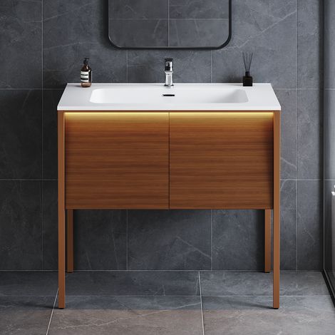 SONNI freistehender Waschtisch mit Waschbecken, sensorgesteuerter LED-Beleuchtung, Doppeltüren mit Druckknopfbedienung, 894 × 495 × 810 mm