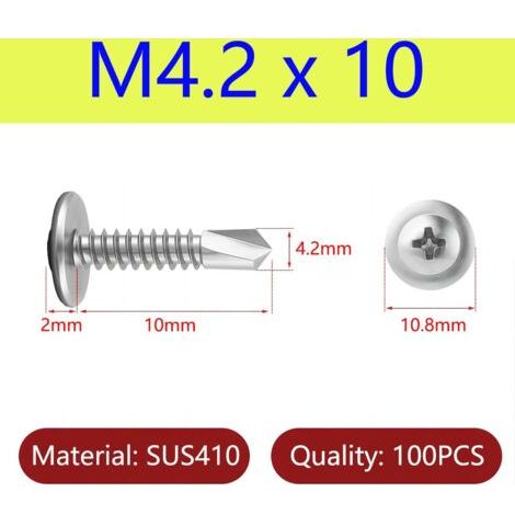 Self-tapping screws, 100 pieces, self-drilling sheet metal screws, stainless steel screws, for fastening metal cladding and gutters, M4.2 x 10 mm--DTEKGAZ
