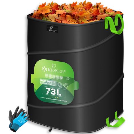 KESSER® Pop-Up-Gartensack Laubsack Gartenabfallsack inkl. Handschuhe Selbststehend mit Griffen Stabil Robust & Faltbar Schwarz / Hellgrün, 1x 73 Liter