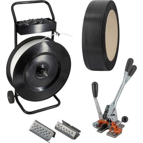 IMBALLAGGI 2000 - Kit Reggiatura con Carrello Porta Attrezzi in Ferro per Reggiatura con Cassetta Porta Attrezzi + Reggia in Polipropilene + Tendireggia a Batteria - Attrezzi da Lavoro per Imballaggio