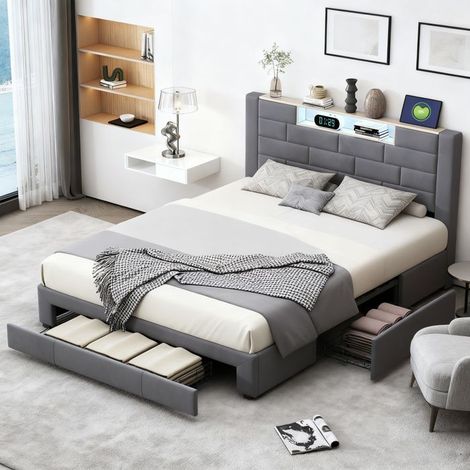 Bett 160x200 cm aus grauem Velours mit LED 7 Farben, 3 Schubladen, USB/Type-C-Anschlüssen, Lattenrost