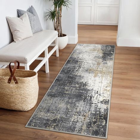 Tapis Couloir Vintage 60x120cm Lavable en Machine AntidéRapant Poil Ras, pour Chambre Salle a Manger Descente de Lit Bureau, Cuisine, Gris et Or (1/5)