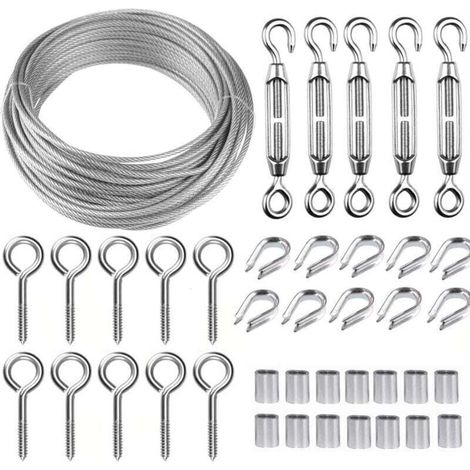 Garten-/Bilderseile mit Edelstahlgeländer, Holzschrauben und Spannvorrichtung, ideal für Heimwerkerprojekte, Bilderaufhängung, Gartenarbeit usw. / 40er-Packung, 30 m
