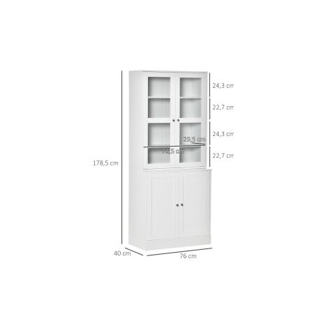 Armoire haute de rangement 178,5 cm avec porte vitrée en verre trempé, 6 compartiments, blanc (1/5)