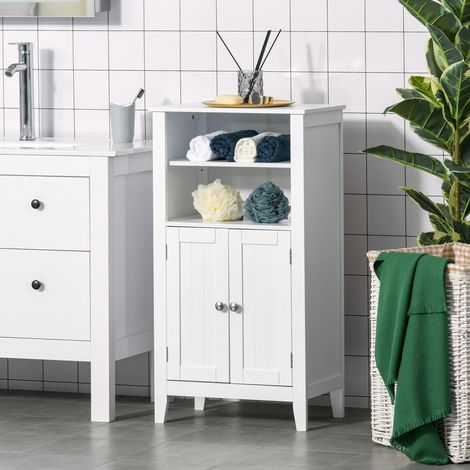 Meuble de salle de bain avec étagères réglables et placard à 2 portes. Meuble de salle de bain multifonctionnel en bois. Blanc. 50 x 30 x 93 cm.