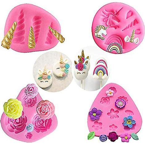 lot De 4 , Moule En Silicone Mini Licorne, Licorne Oreilles Corne Arc-en-fleurs Et Feuilles, Moule  Chocolat Fondant Cupcake Toppers Pour Licorne (1/5)