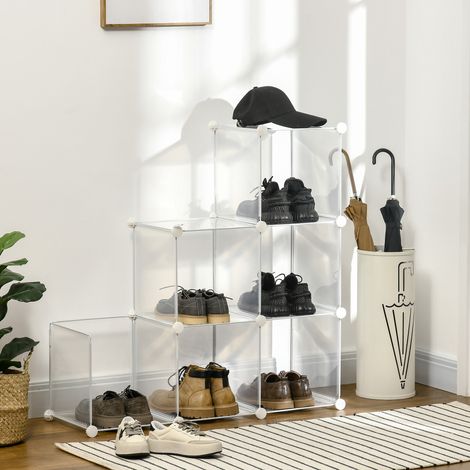 Meuble Range-Chaussures Modulaire Gain de Place, 6 Cubes en Plastique PP, 65x32x162 cm, Transparent (1/5)