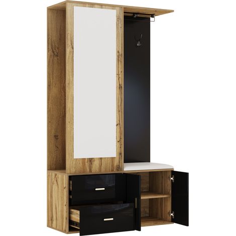Porte-manteau compact noir et bois avec miroir, banc à chaussures et rangements, design gain de place (1/5)
