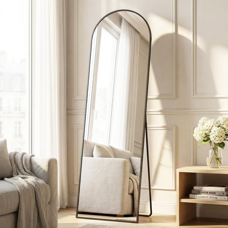 Miroir Intégral, 150 x 40 cm, Miroir Arqué sur Pied, à Poser au Sol, Cadre en Alliage d’Aluminium, Verre Trempé, pour Chambre, Salon, Dressing, Noir d'encre LFM035B01 (1/5)