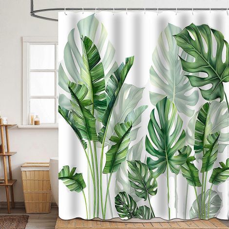 Rideau de douche imperméable 180 x 180 cm, motif feuilles de palmier, lavable en machine, en polyester, avec 12 anneaux pour salle de bain. (1/5)