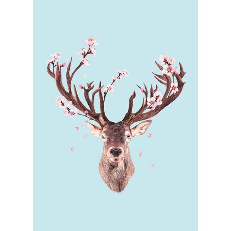 Tableau printemps pour chambre de fille | Tableau sur toile animaux pour chambre d'enfant | Tableau fleur & cerf bleu turquoise - 0,5 x 0,7 m (1/2)