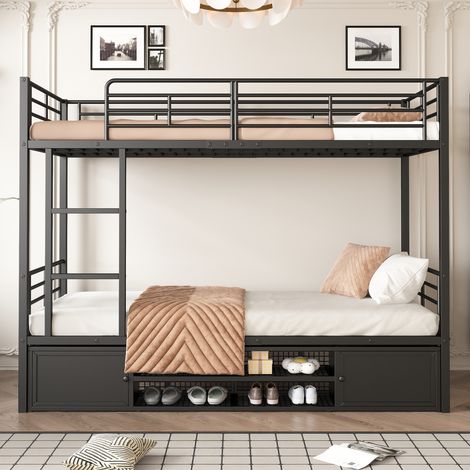 Eisenrahmenbett, Etagenbett, offener Schuhschrank, kleiner Aufbewahrungsschrank mit Doppeltür, geeignet für Kinder und Jugendliche, mit Seitenleiter, mit Fallschutzgitter, Eisen + MDF, schwarz, 90x200 (1/5)