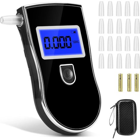 Testeur d'alcool électronique, testeur d'alcool numérique portable, testeur d'alcool avec écran LCD, testeur d'alcool à capteur à semi-conducteurs avec alarme, 20 embouts (noir) (1/5)