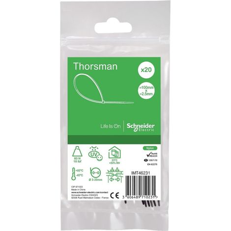 Collier serre-cable noir 100x2.5mm (blister de 20) pour fixation de fils et cables Ø 20mm max PA6.6 anti-UV Thorsman (1/2)
